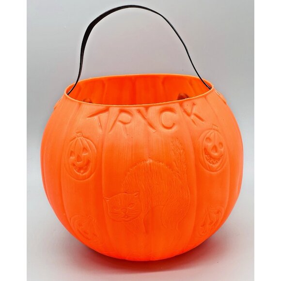 AJ Renzi Halloween Blow Mold Trick Or Treat Pumpkin Cat Bucket 2 Sided Vintage - Picture 3 of 10